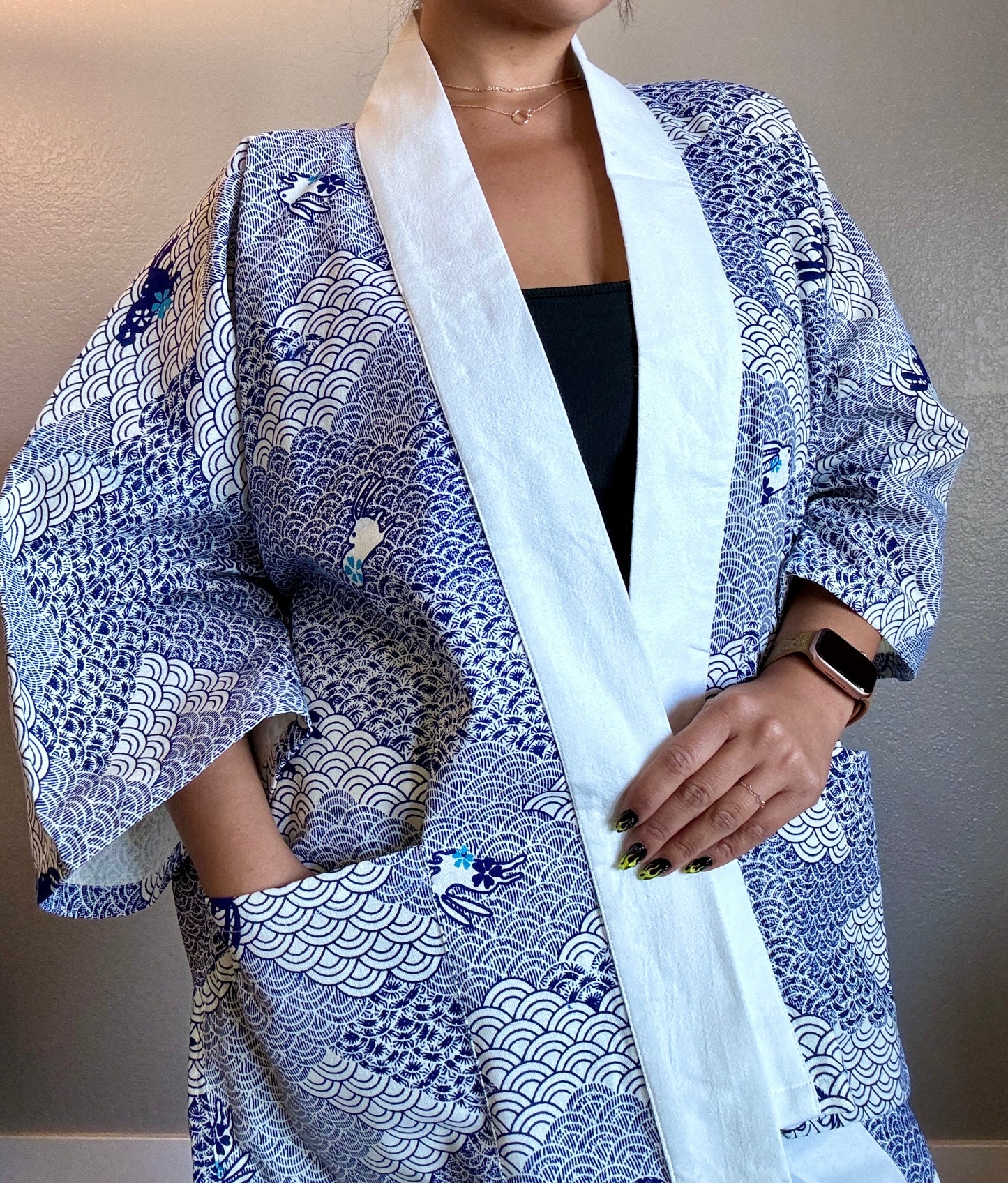 Unisex Cotton Kimono - White and Blue Bunny