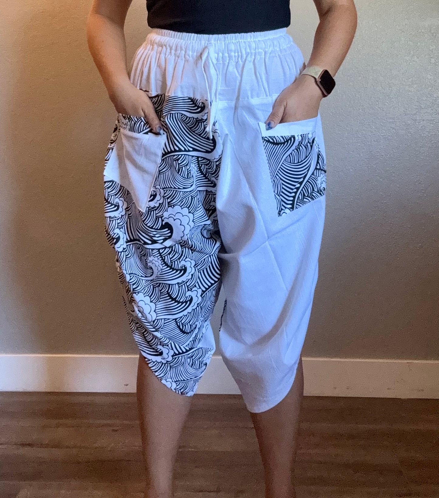 Unisex Cotton Shorts -White and Black Waves
