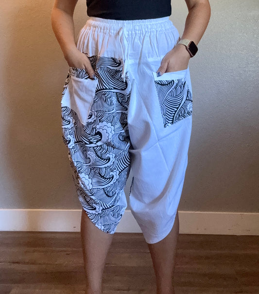 Unisex Cotton Shorts -White and Black Waves