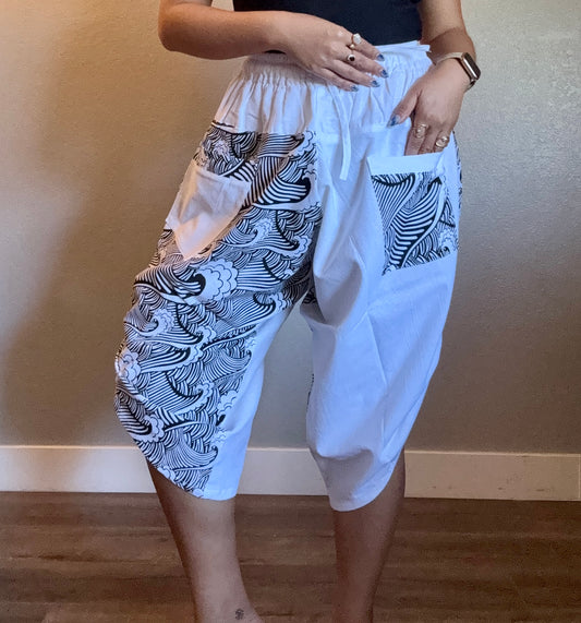 Unisex Cotton Shorts -White and Black Waves