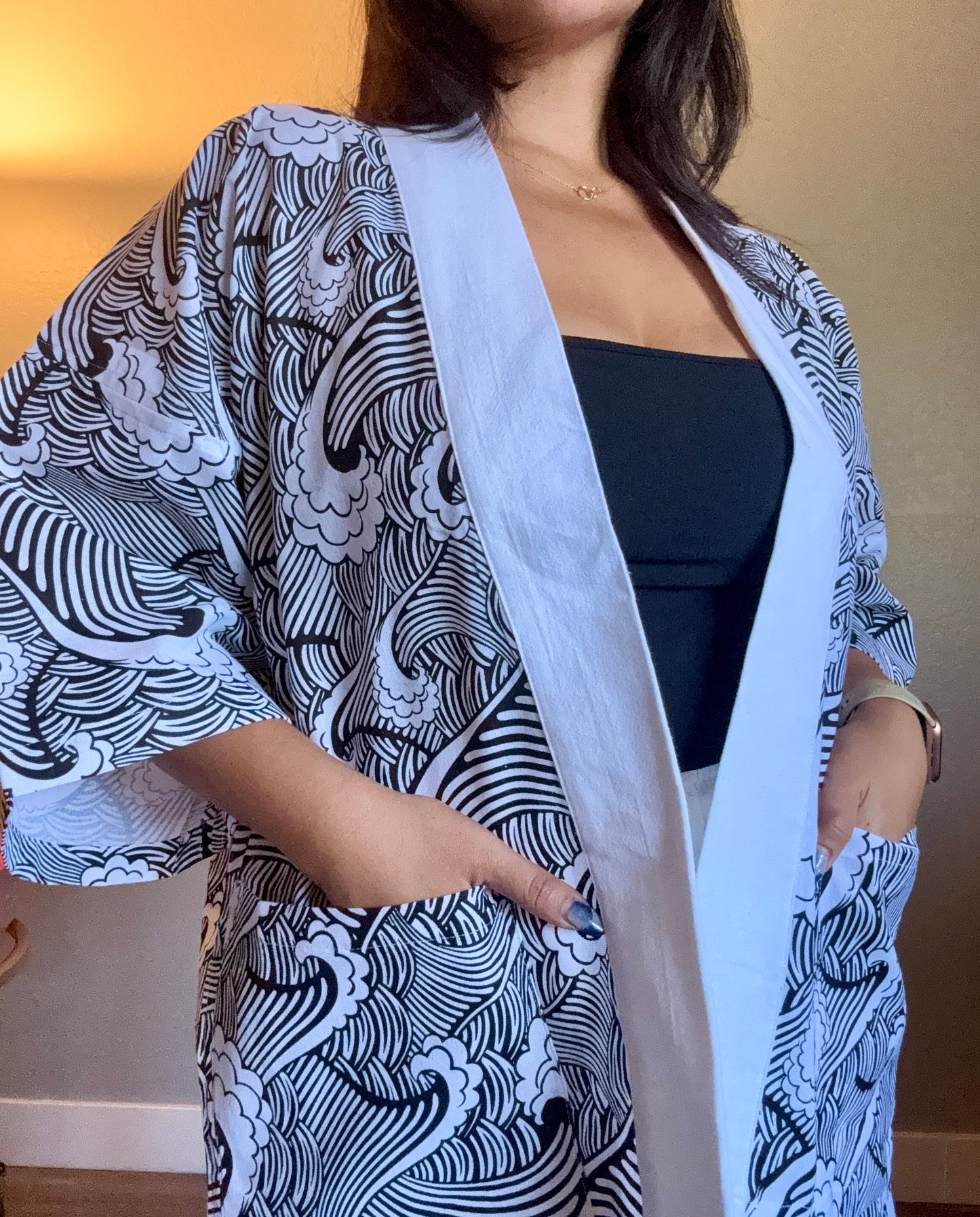 Unisex Cotton Kimono - White and Black Wave