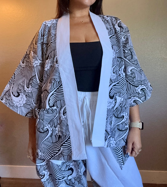 Unisex Cotton Kimono - White and Black Wave