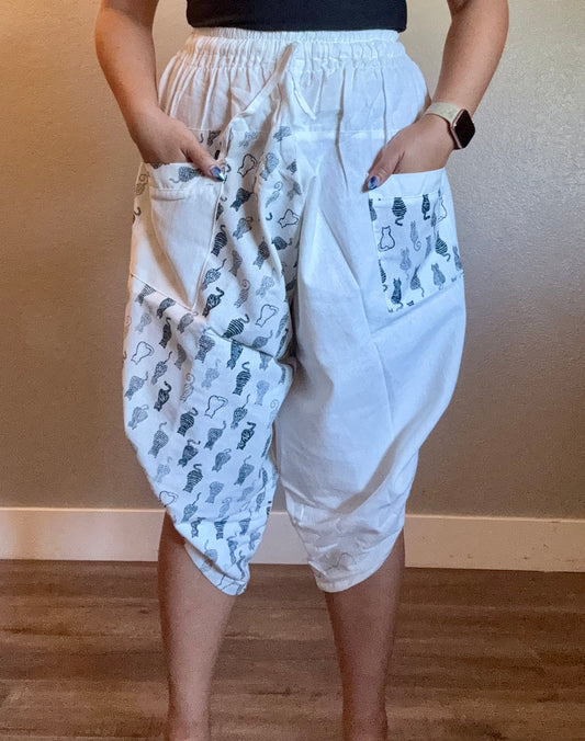 Unisex Cotton Shorts -White and Blue Kitty