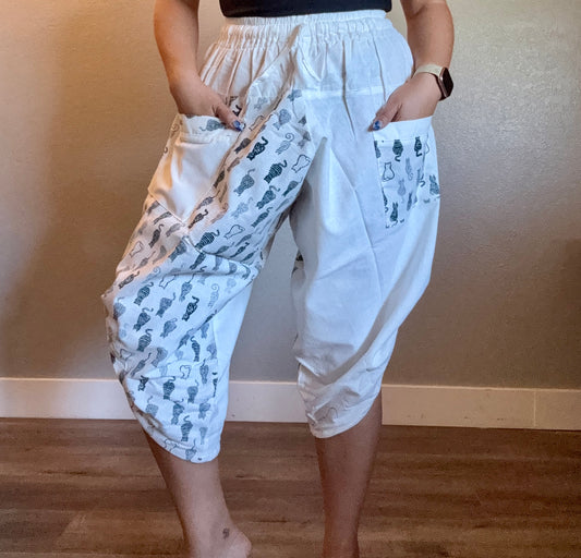 Unisex Cotton Shorts -White and Blue Kitty