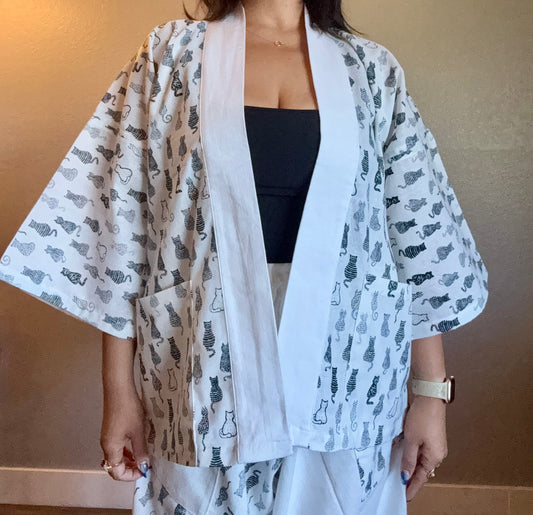 Unisex Cotton Kimono - White and Black Kitty