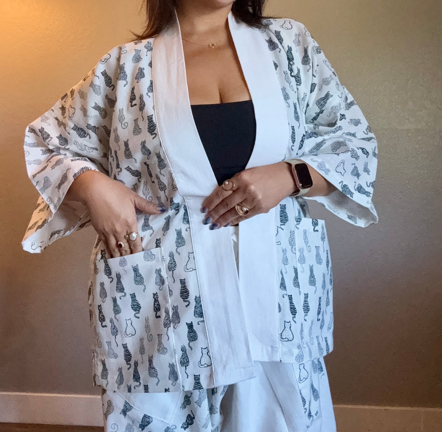 Unisex Cotton Kimono - White and Black Kitty