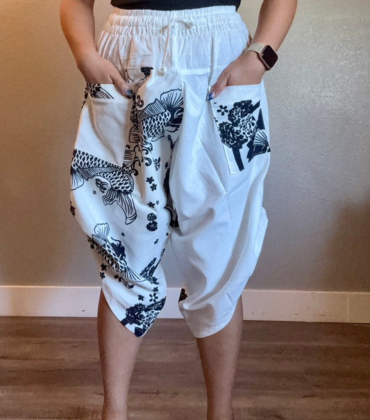 Unisex Cotton Shorts -White and Black Koi Fish