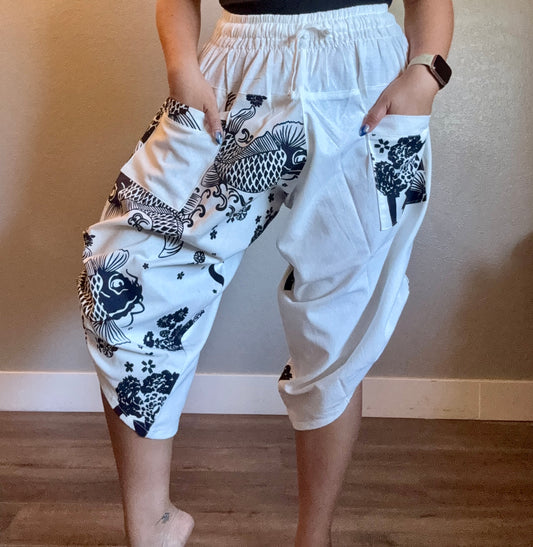 Unisex Cotton Shorts -White and Black Koi Fish