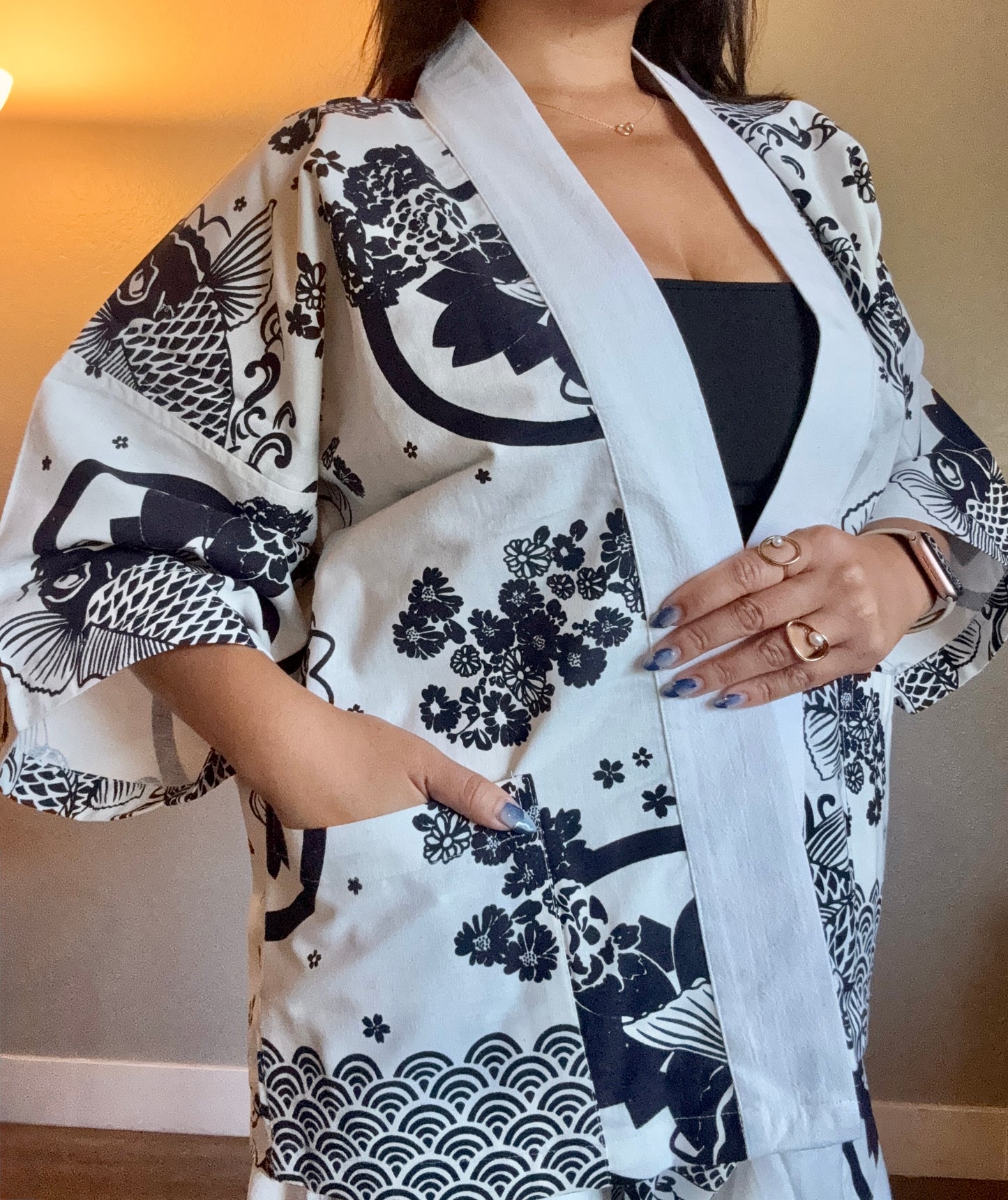 Unisex Cotton Kimono - White and Black Koi Fish