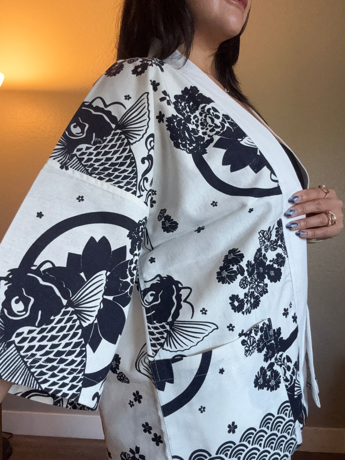 Unisex Cotton Kimono - White and Black Koi Fish