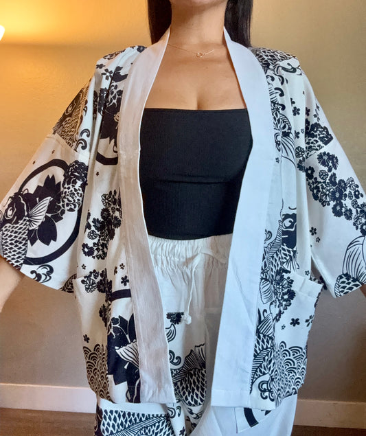 Unisex Cotton Kimono - White and Black Koi Fish