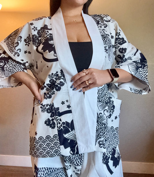 Unisex Cotton Kimono - White and Black Koi Fish