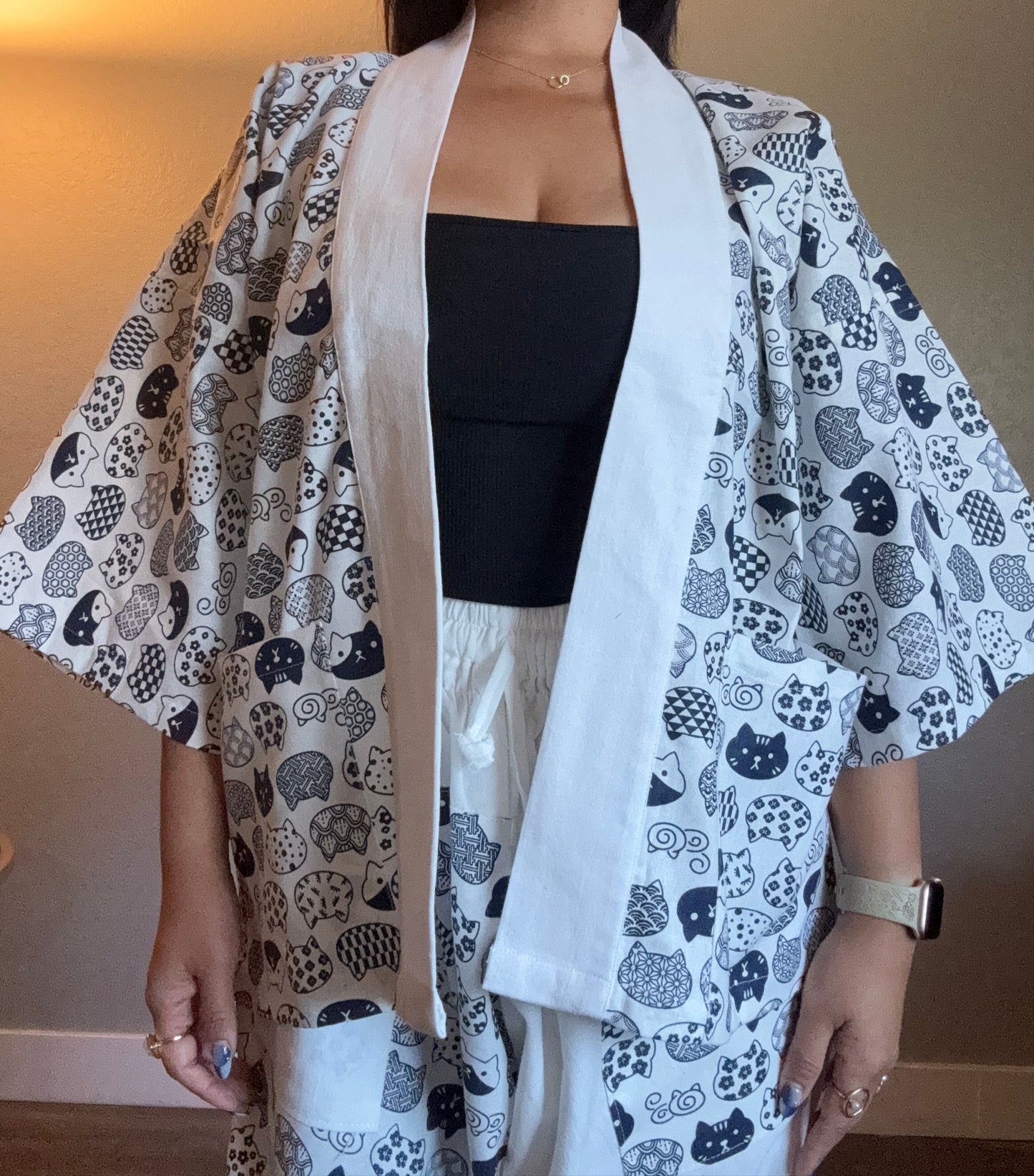 Unisex Cotton Kimono - White and Black Neko