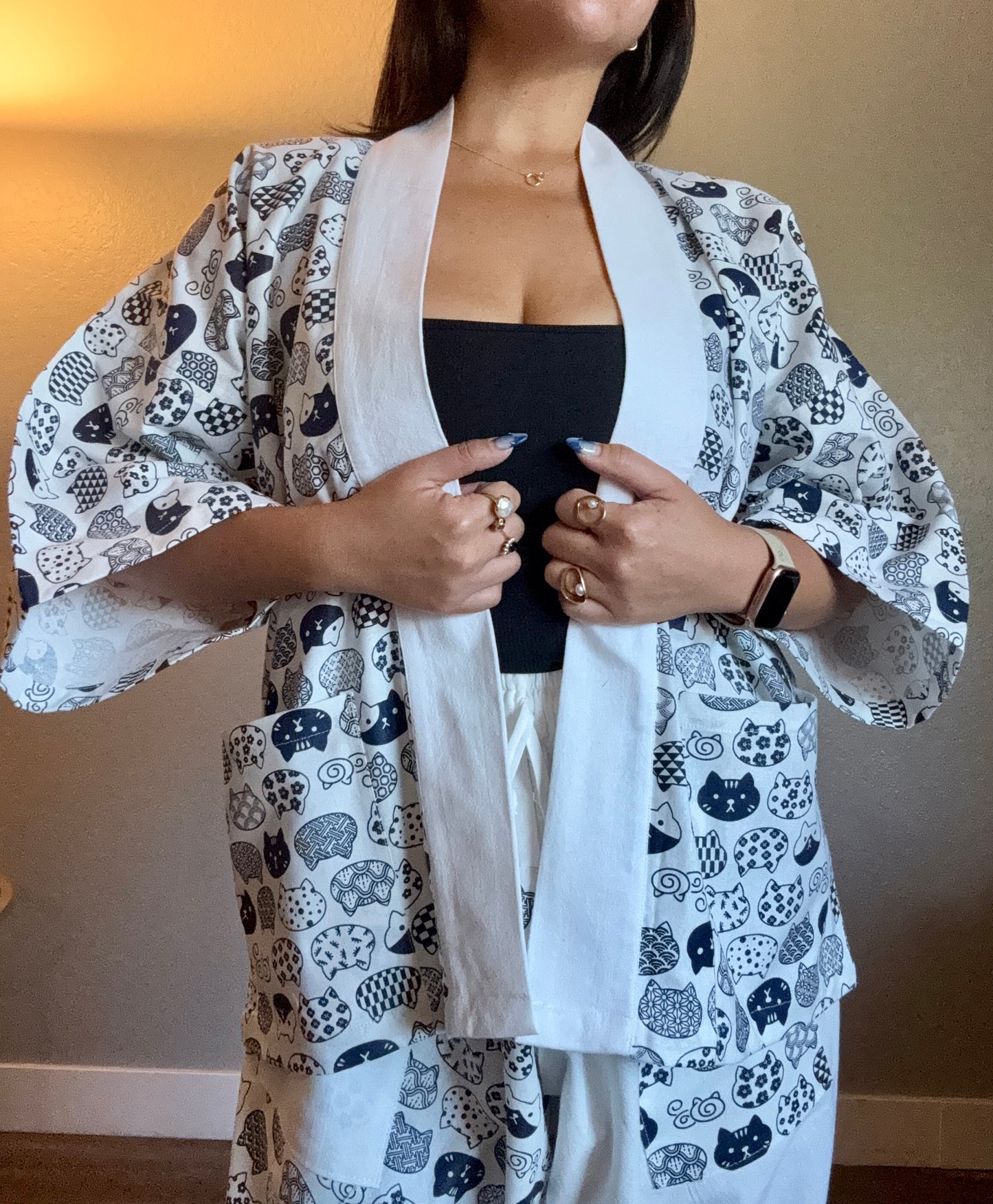 Unisex Cotton Kimono - White and Black Neko