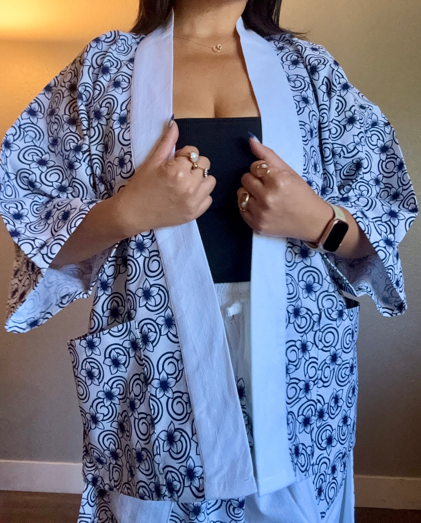 Unisex Cotton Kimono - White and Blue Flowers