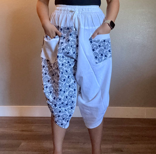 Unisex Cotton Shorts - White and Blue Flowers