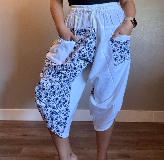 Unisex Cotton Shorts - White and Blue Flowers