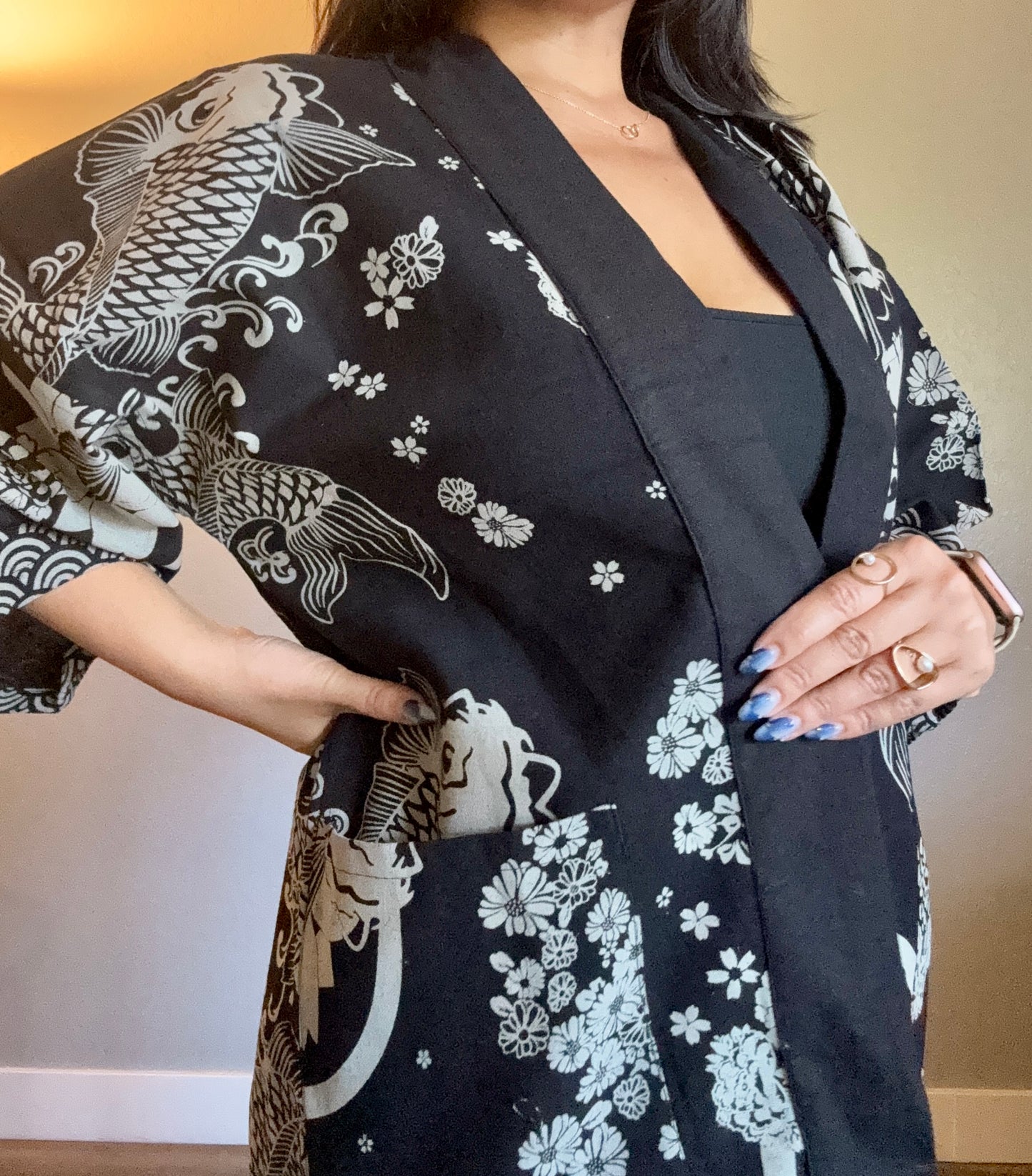Unisex Cotton Kimono - Black Koi Fish