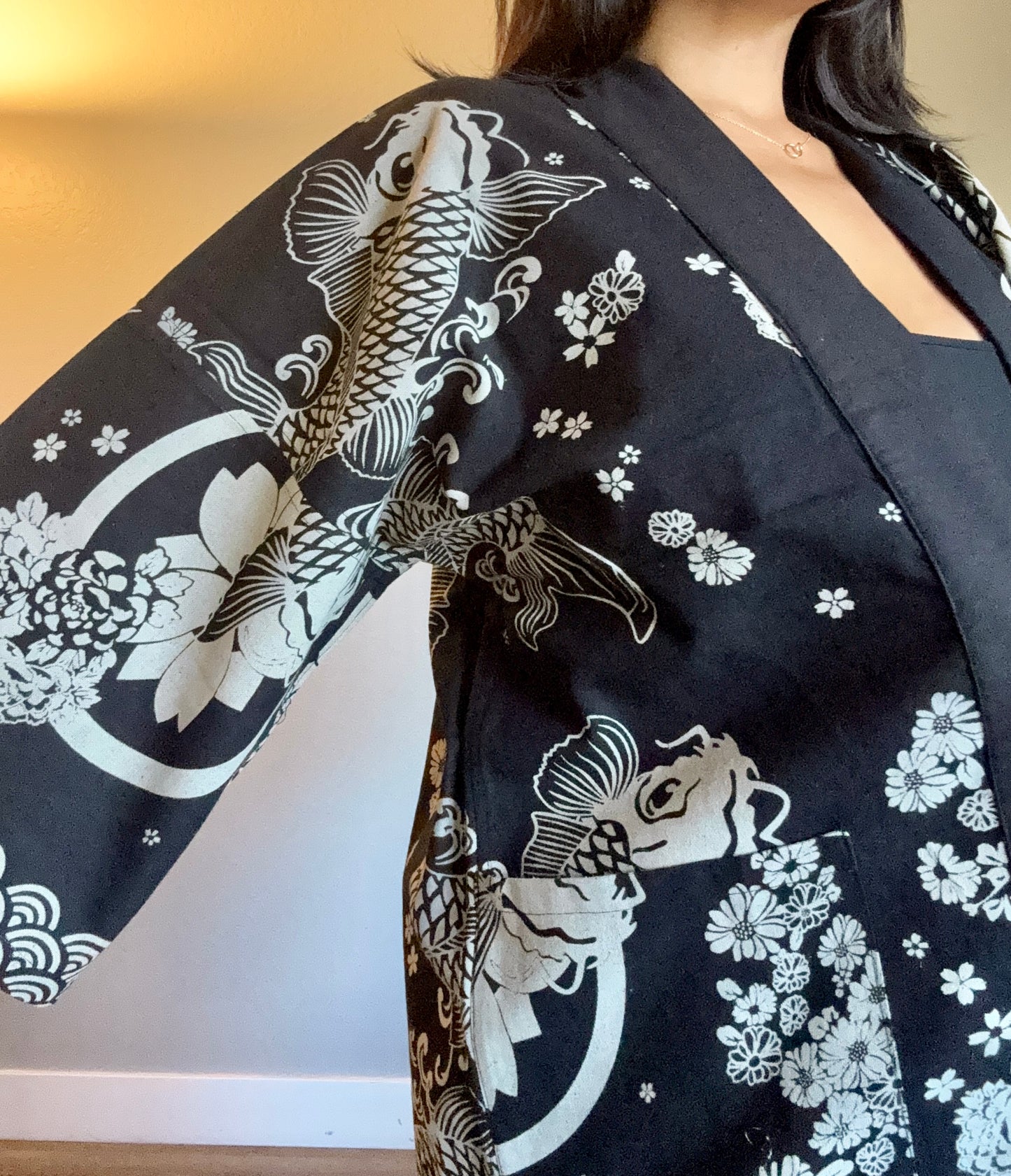 Unisex Cotton Kimono - Black Koi Fish