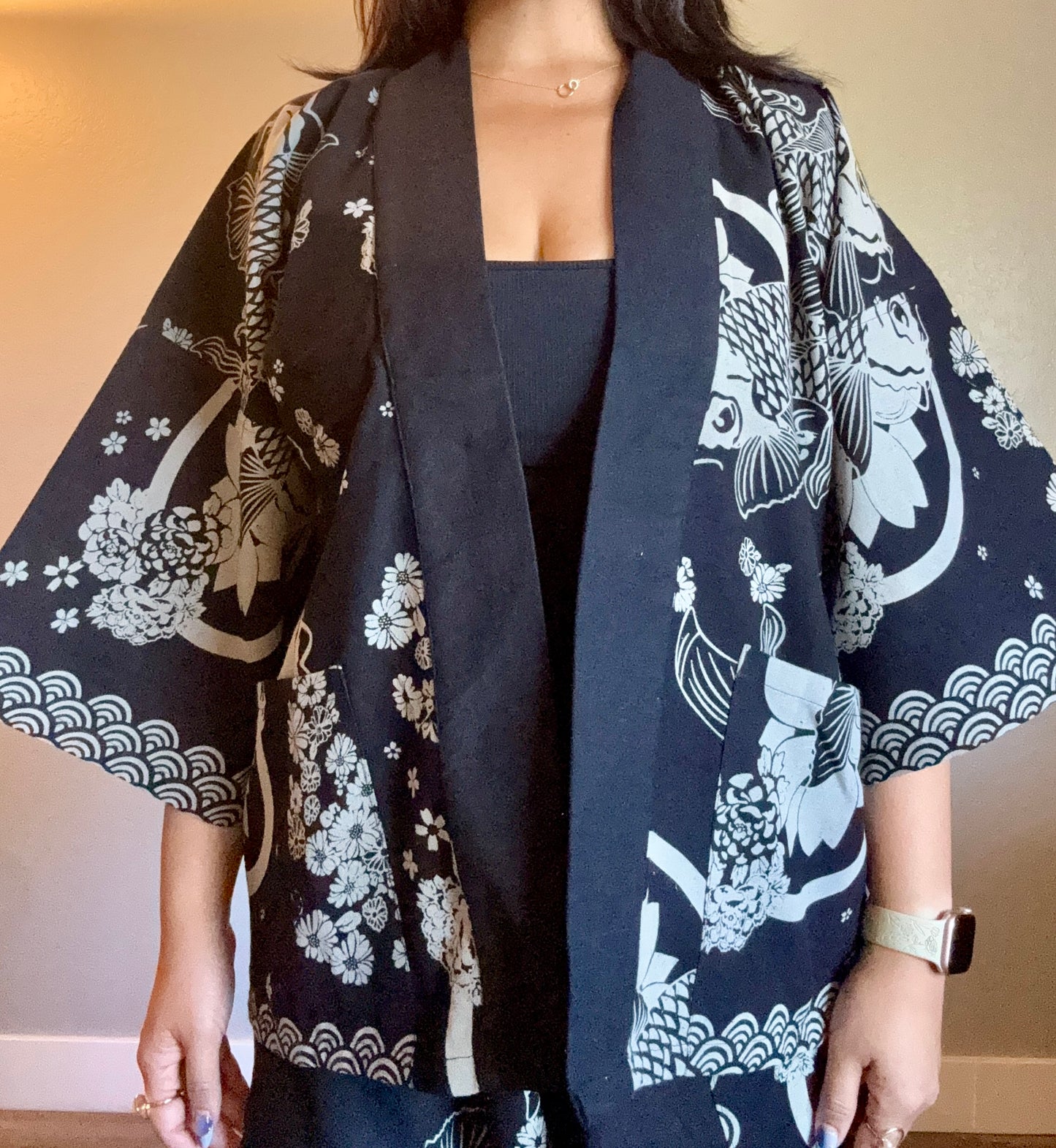 Unisex Cotton Kimono - Black Koi Fish