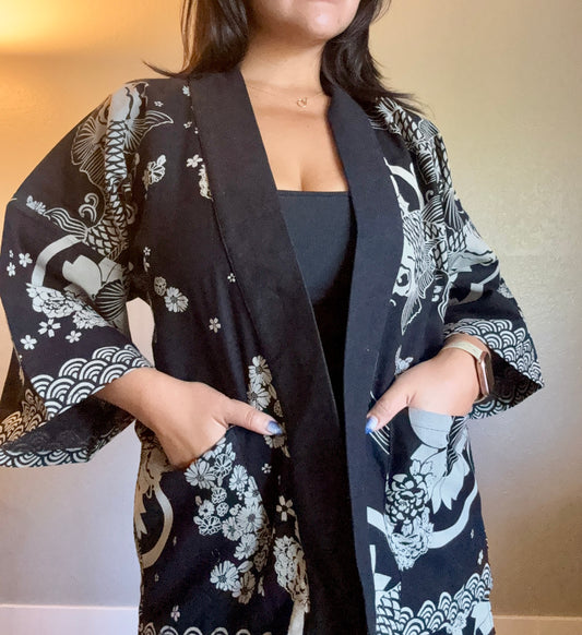 Unisex Cotton Kimono - Black Koi Fish