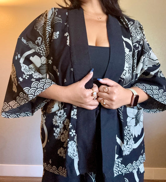 Unisex Cotton Kimono - Black Koi Fish