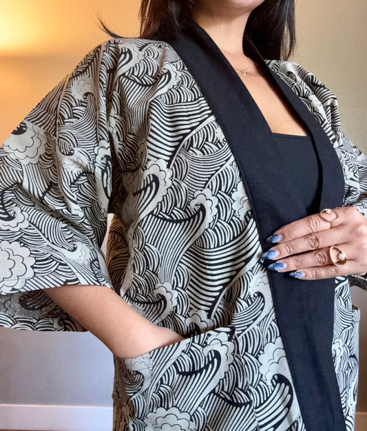 Unisex Cotton Kimono - Black Wave