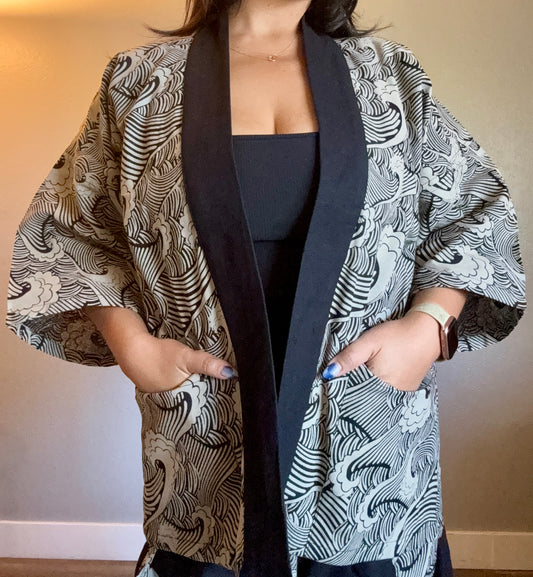 Unisex Cotton Kimono - Black Wave
