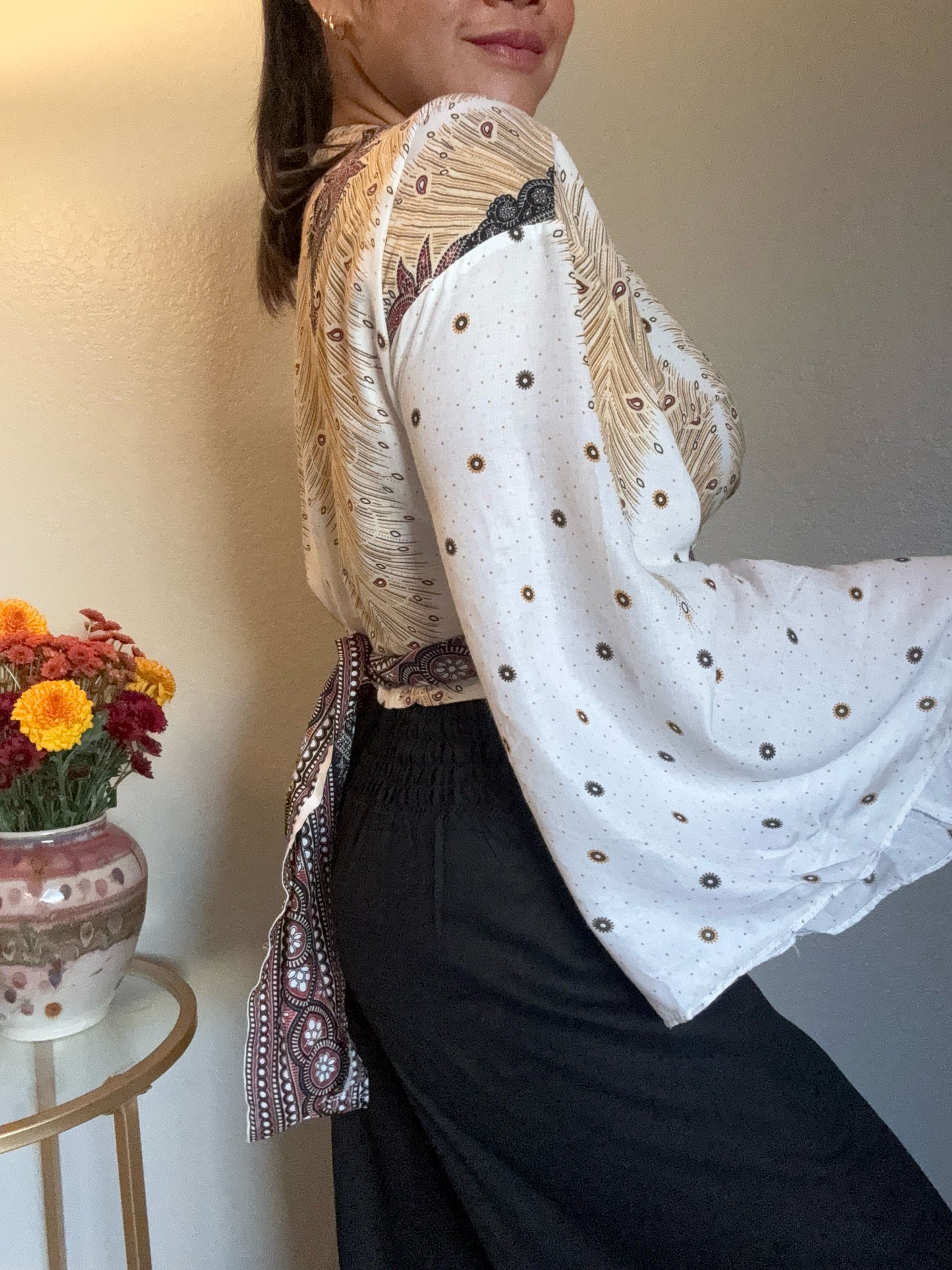 White and Gold Paradise Wrap Around Top