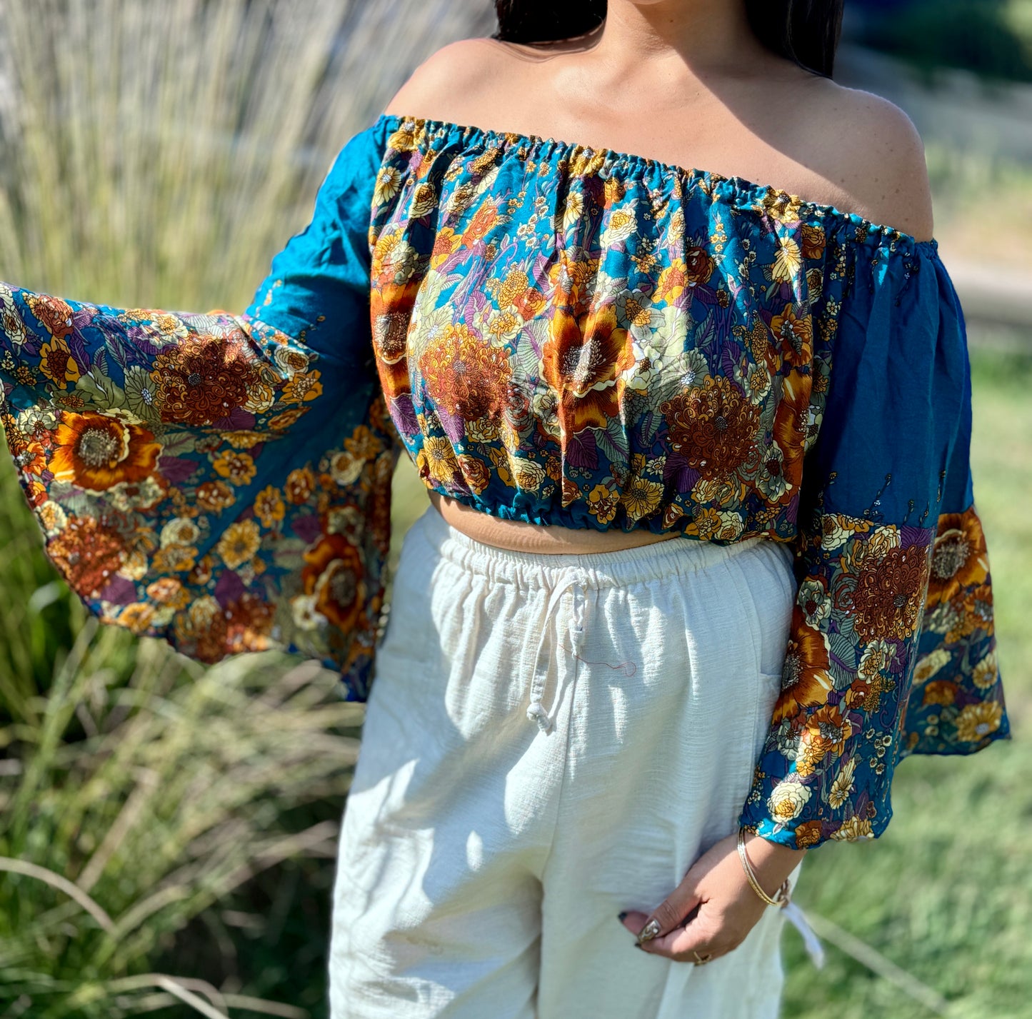 Teal Merry Off Shoulder with Flowy Sleeves Crop Top