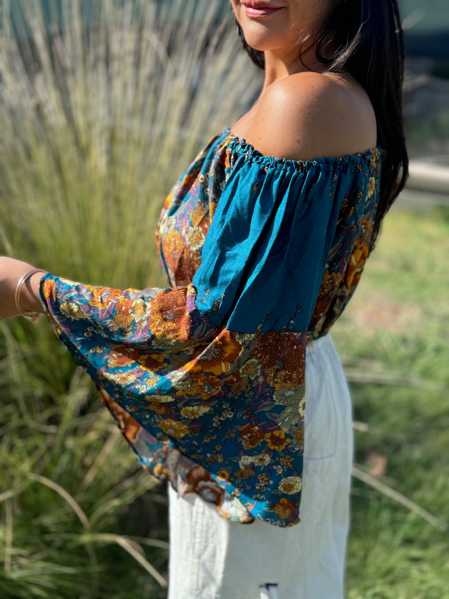 Teal Merry Off Shoulder with Flowy Sleeves Crop Top