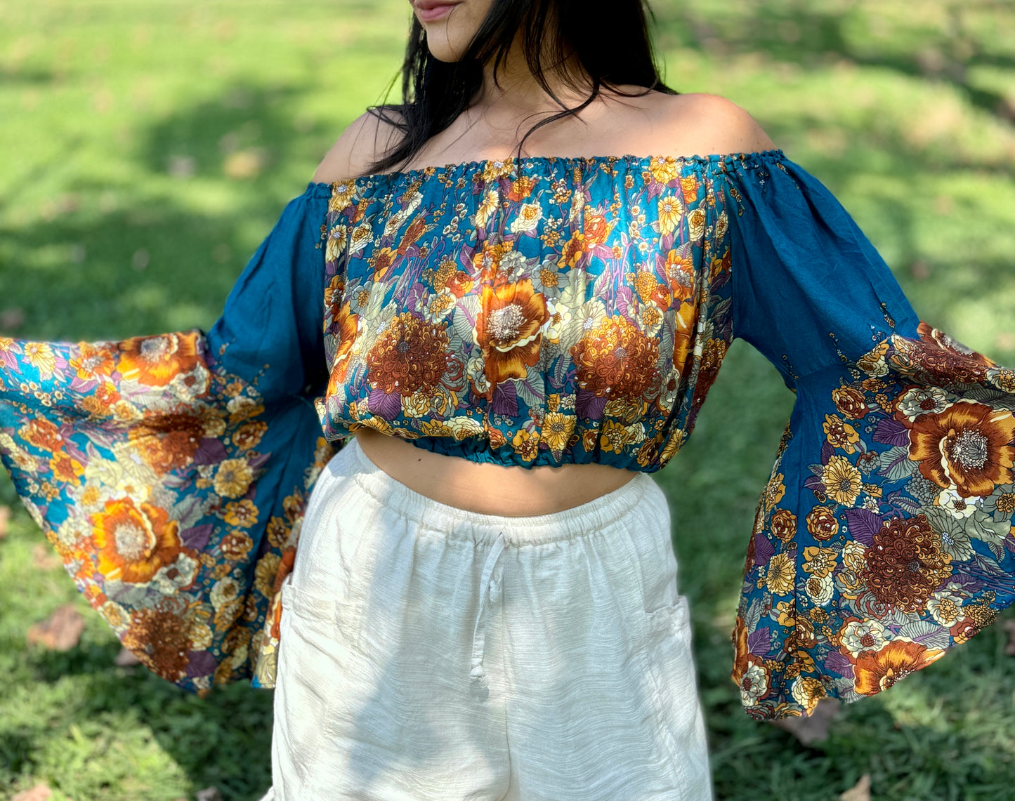 Teal Merry Off Shoulder with Flowy Sleeves Crop Top