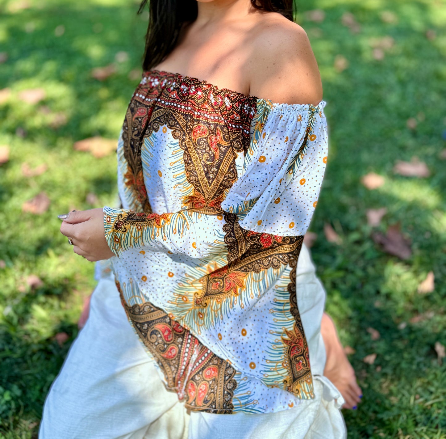 White Freedom Off Shoulder with Flowy Sleeves Crop Top