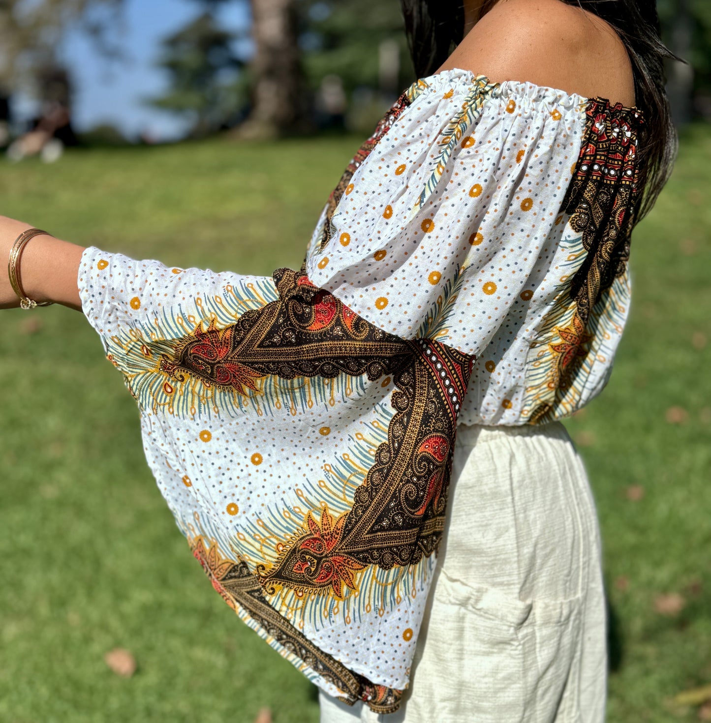 White Freedom Off Shoulder with Flowy Sleeves Crop Top