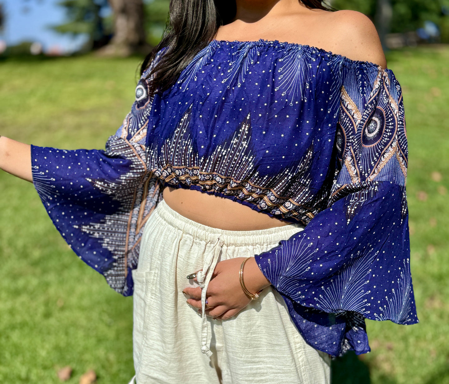 Blue Pleasant Off Shoulder with Flowy Sleeves Crop Top