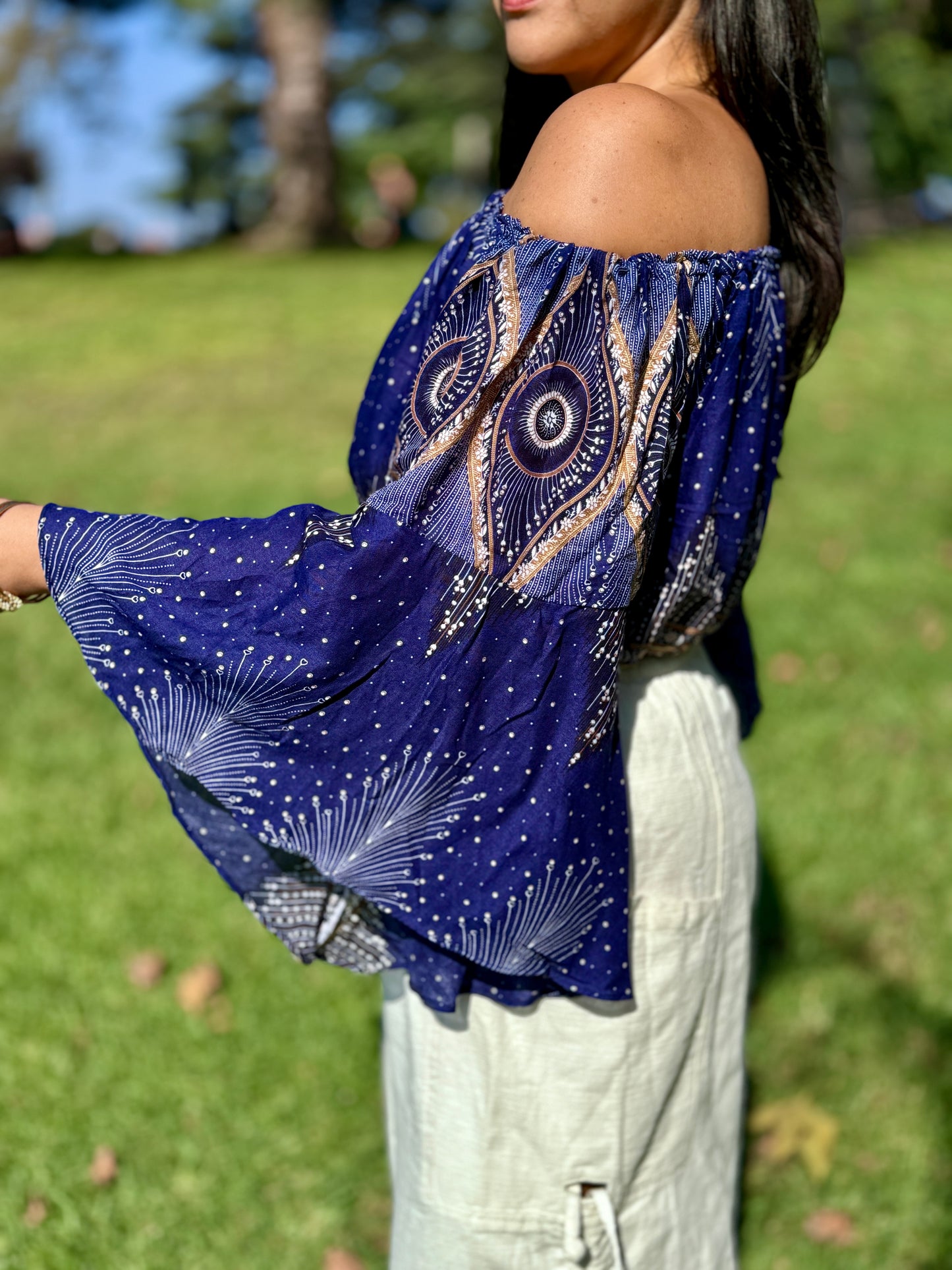 Blue Pleasant Off Shoulder with Flowy Sleeves Crop Top