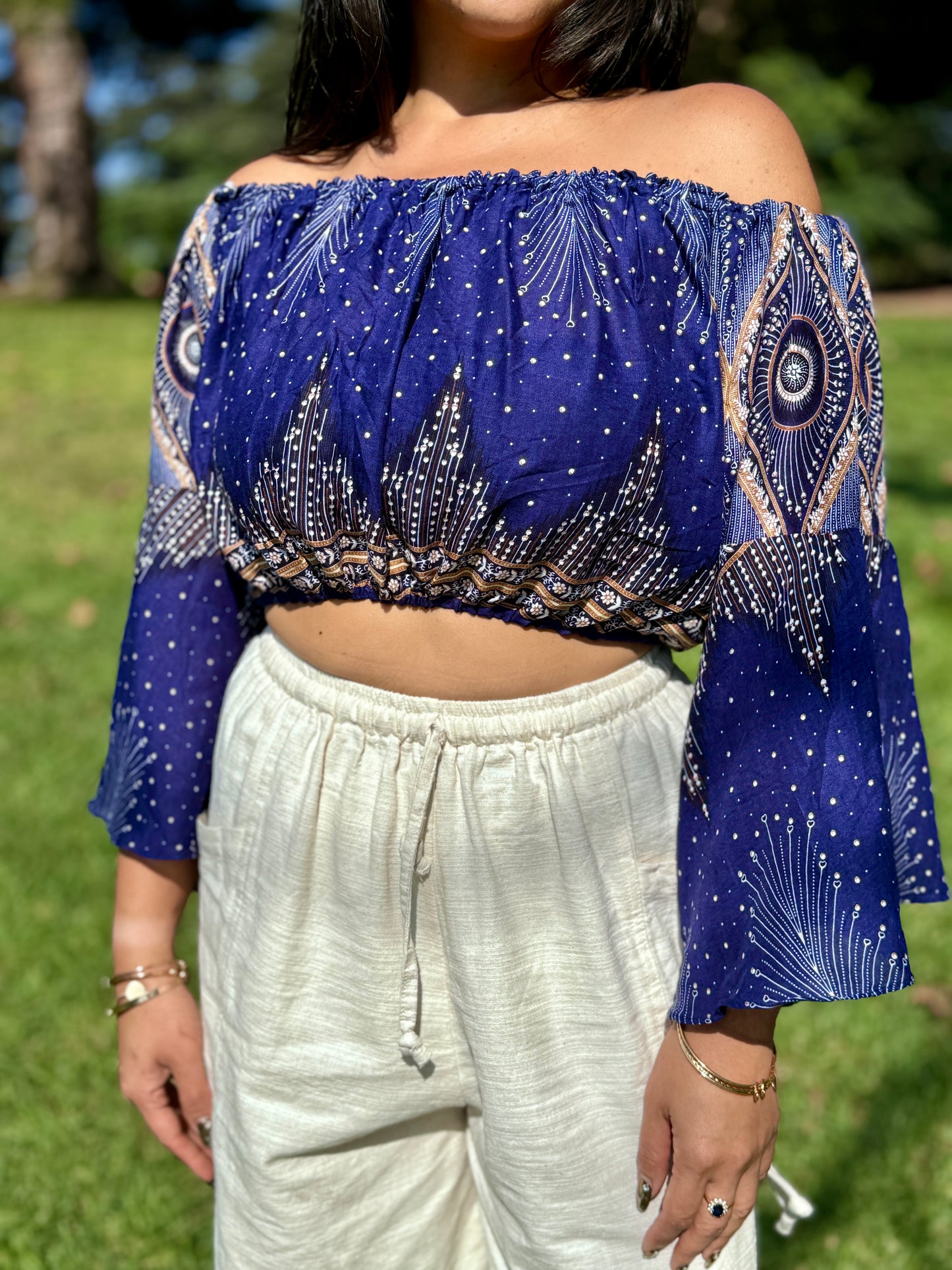 Blue Pleasant Off Shoulder with Flowy Sleeves Crop Top