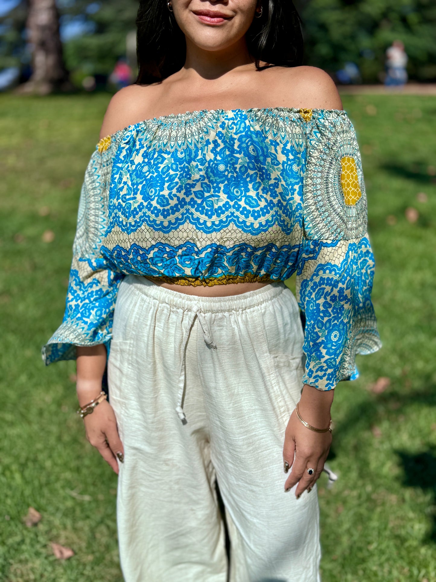 Blue Joy Off Shoulder with Flowy Sleeves Crop Top