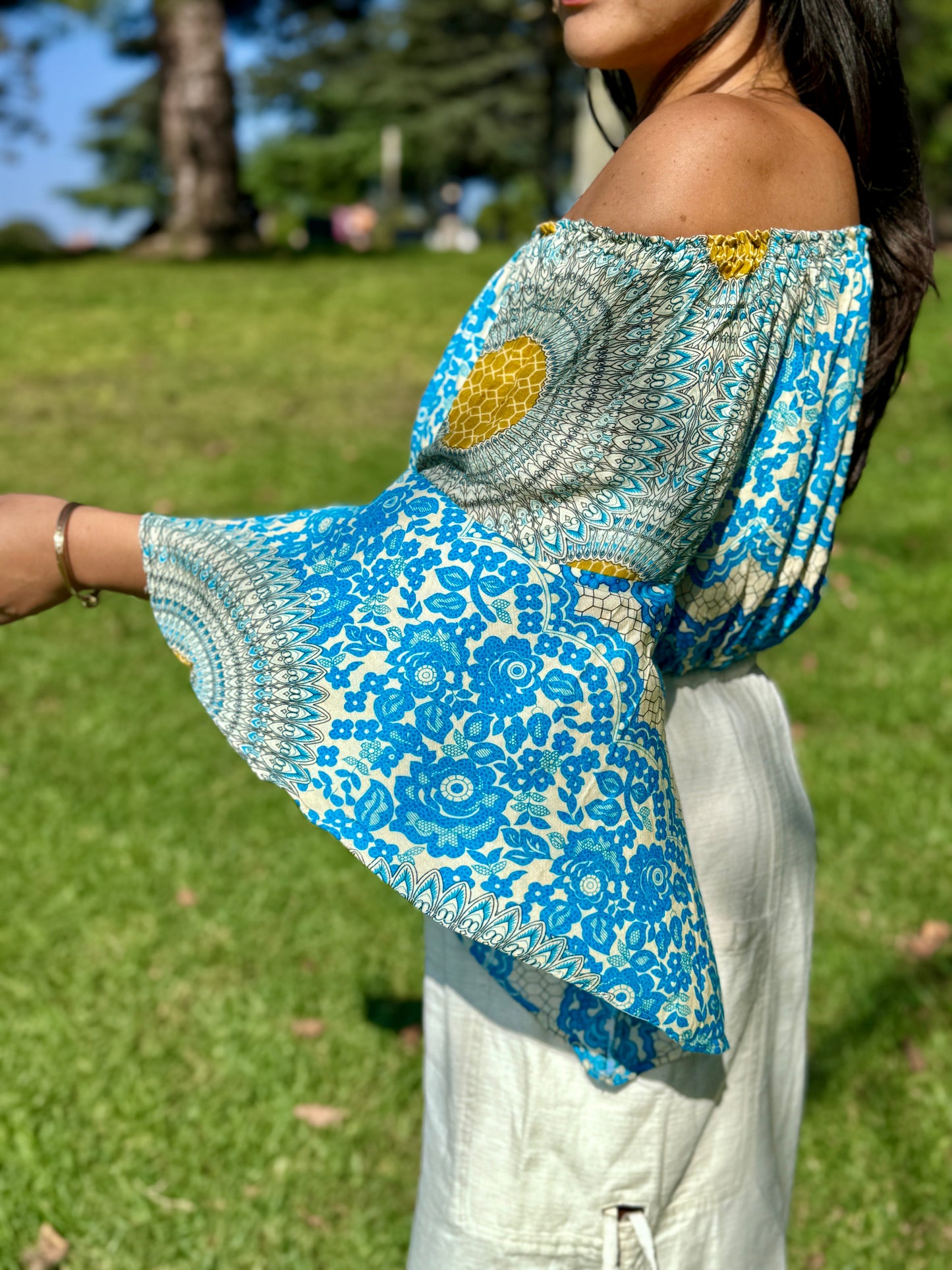 Blue Joy Off Shoulder with Flowy Sleeves Crop Top