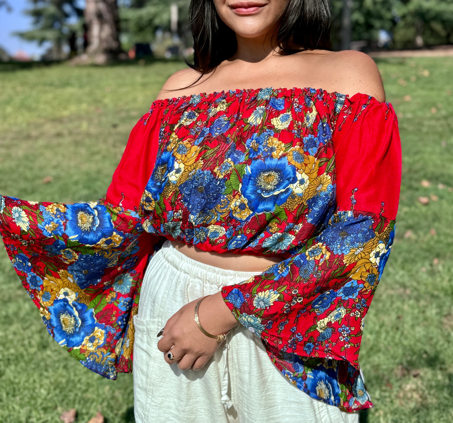 Red Merry Off Shoulder with Flowy Sleeves Crop Top