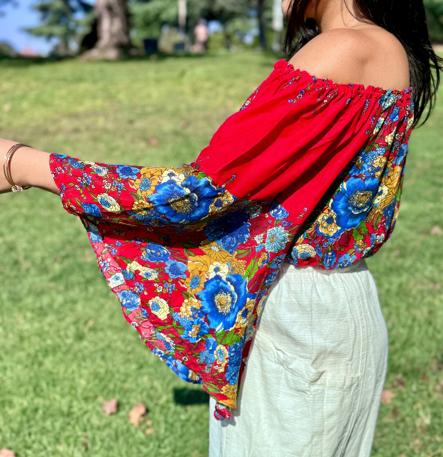 Red Merry Off Shoulder with Flowy Sleeves Crop Top