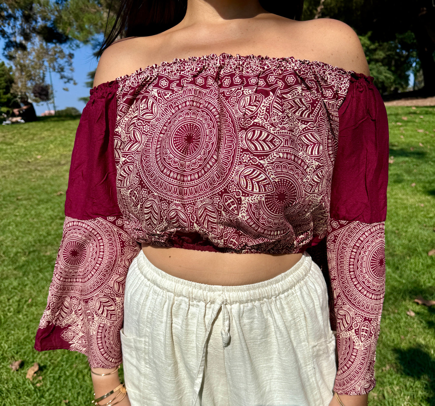Maroon Abundant Off Shoulder with Flowy Sleeves Crop Top