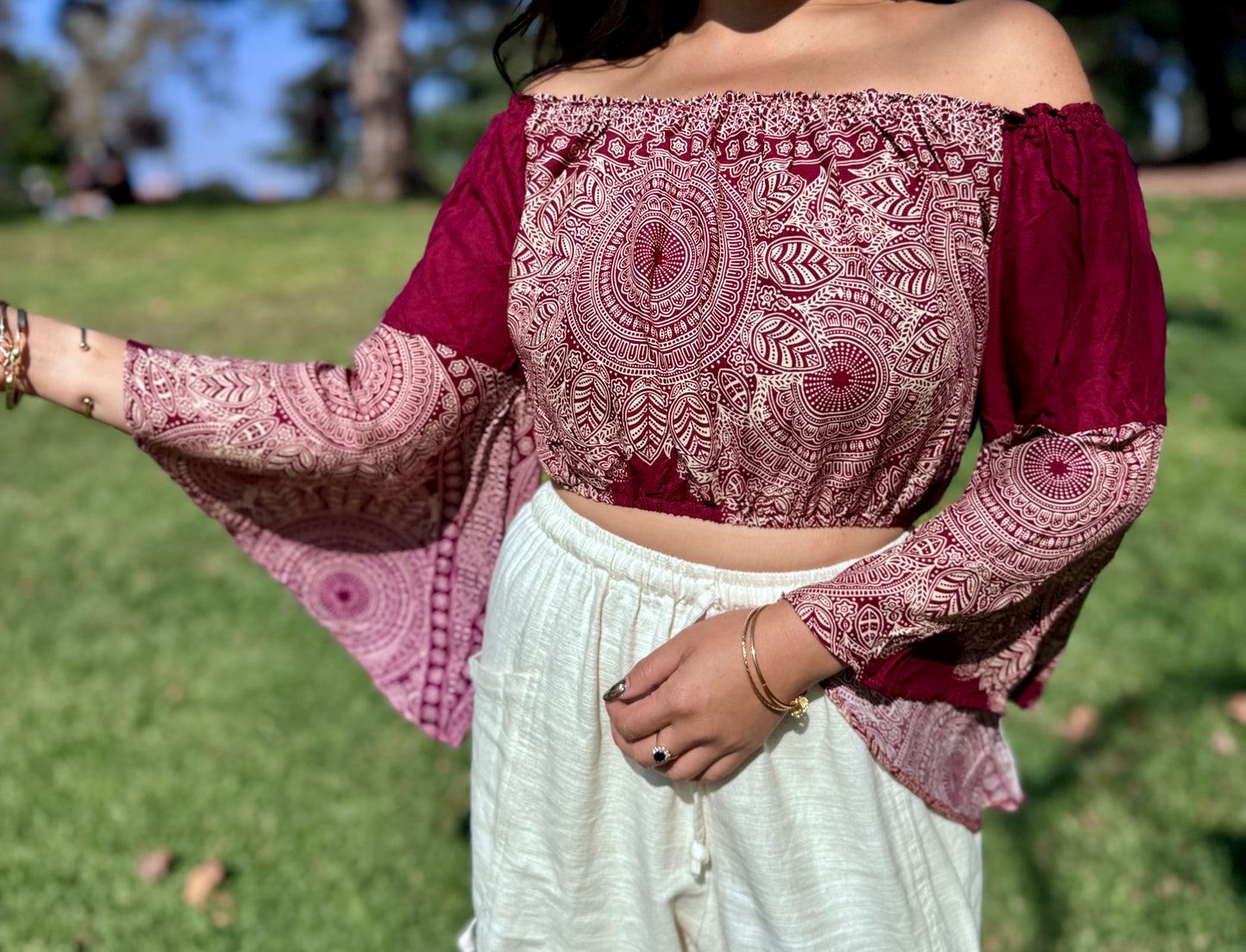 Maroon Abundant Off Shoulder with Flowy Sleeves Crop Top