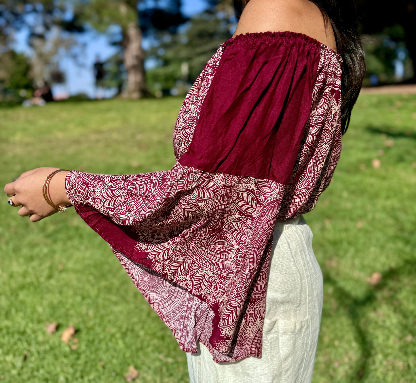 Maroon Abundant Off Shoulder with Flowy Sleeves Crop Top