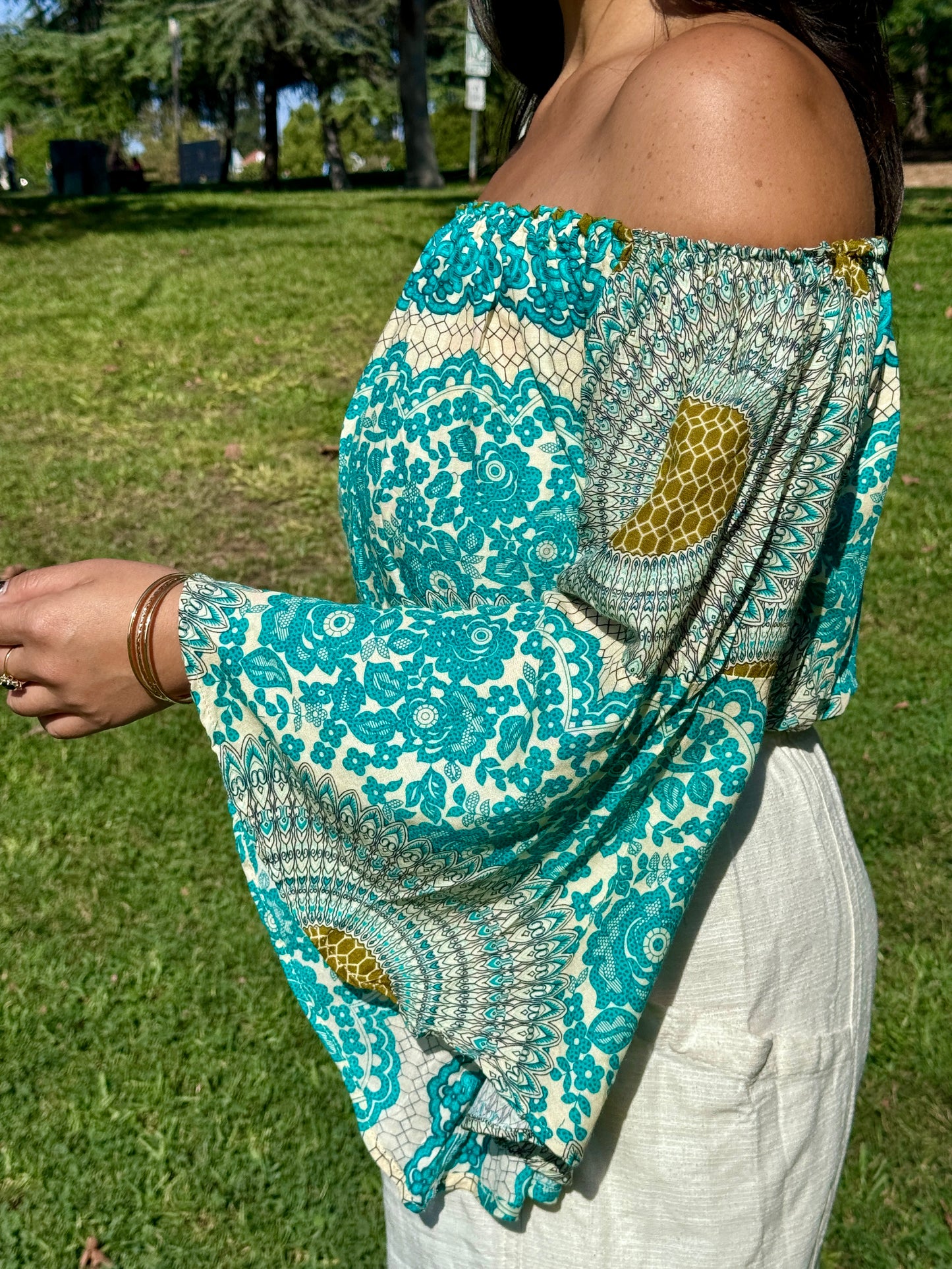 Mint Joy Off Shoulder with Flowy Sleeves Crop Top