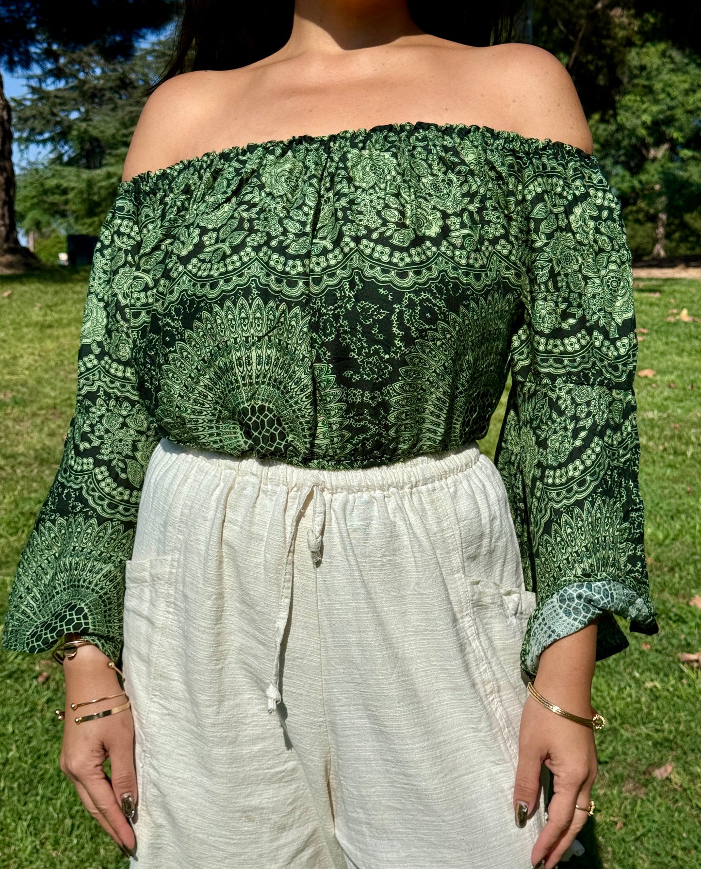 Green Hearty Off Shoulder with Flowy Sleeves Crop Top