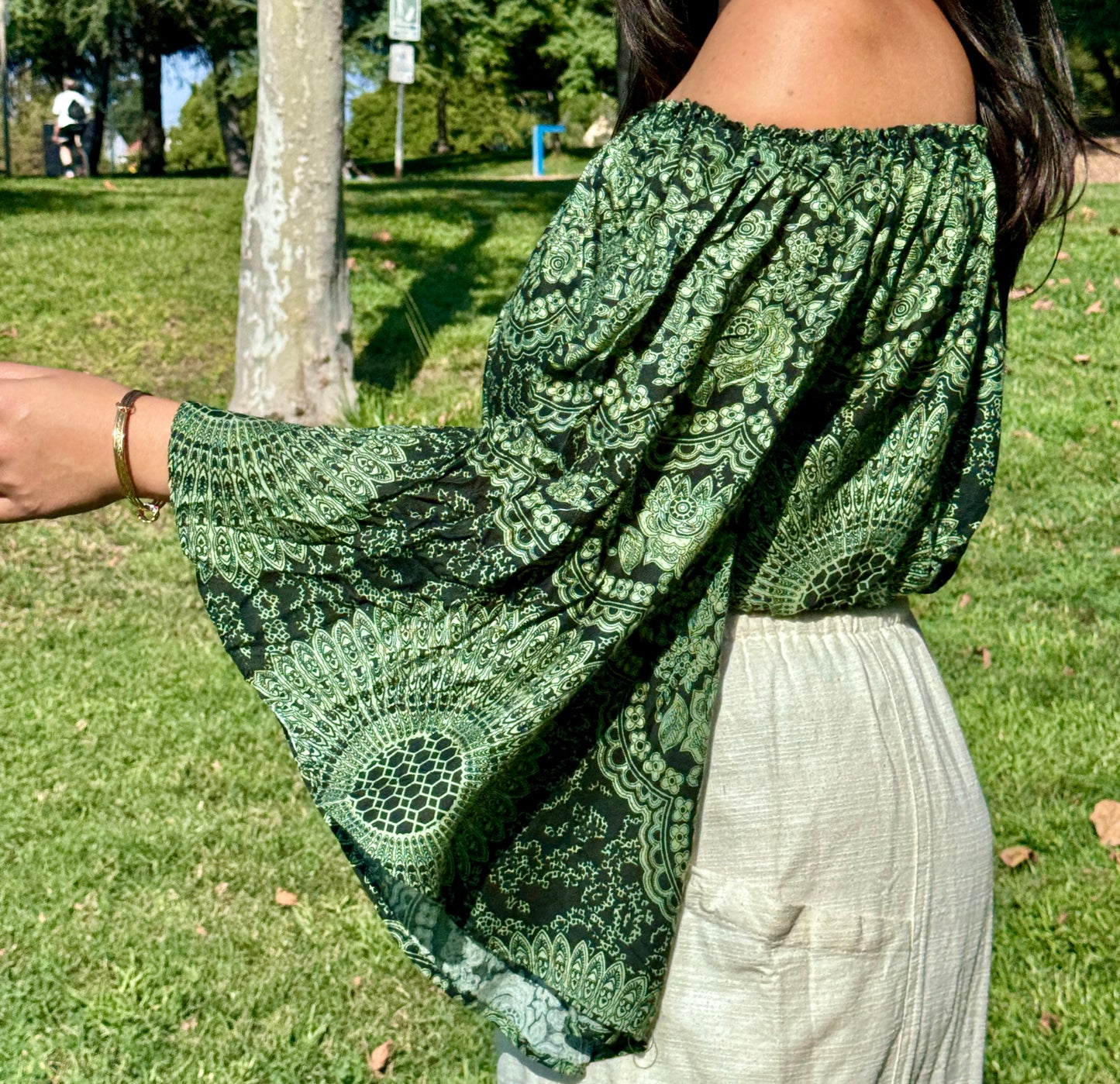 Green Hearty Off Shoulder with Flowy Sleeves Crop Top