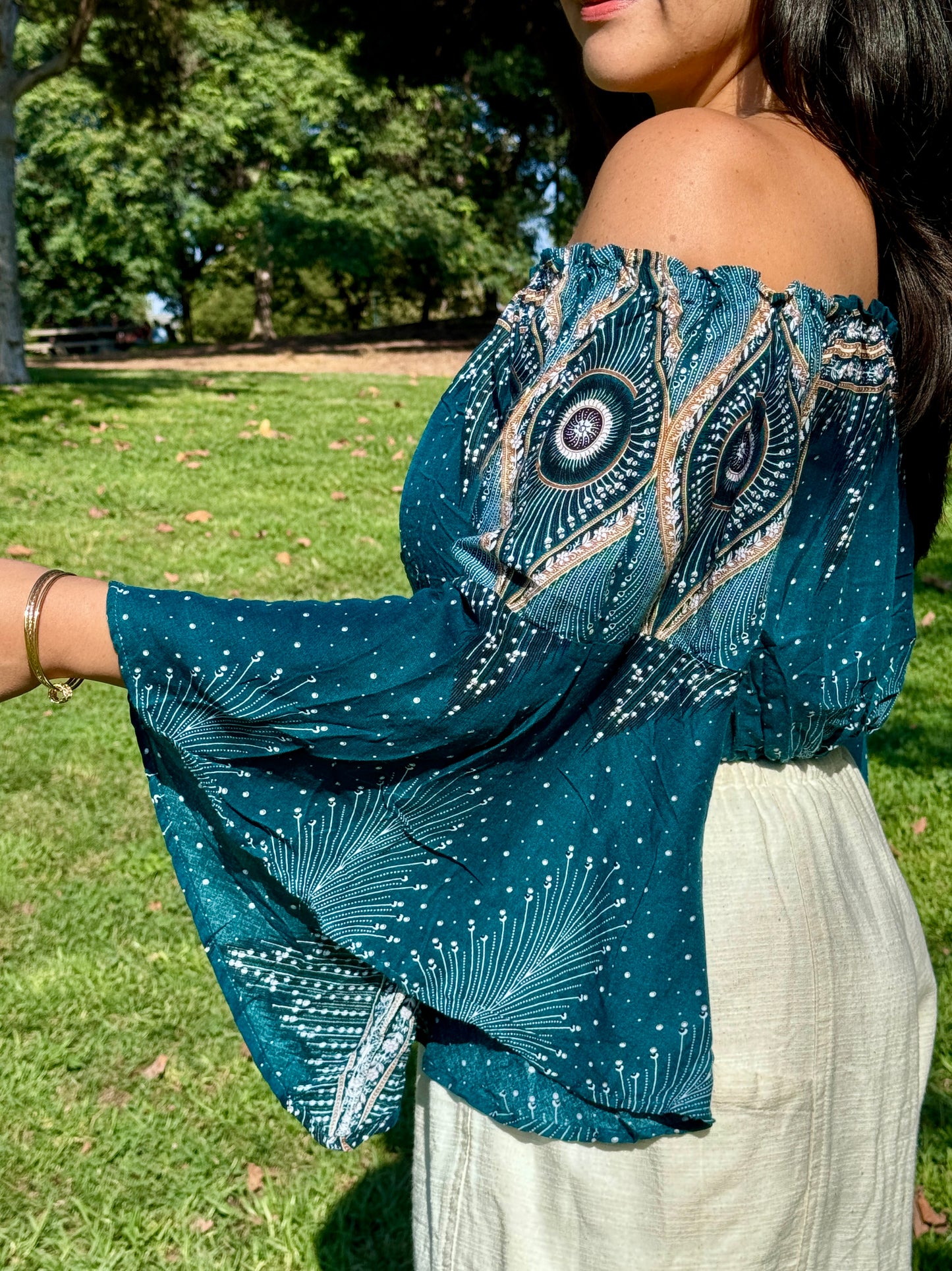Teal Pleasant Off Shoulder with Flowy Sleeves Crop Top