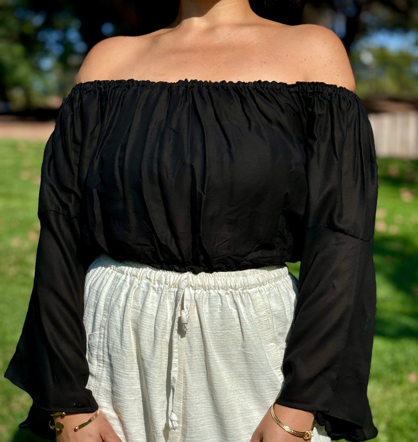 Solid Black Off Shoulder with Flowy Sleeves Crop Top