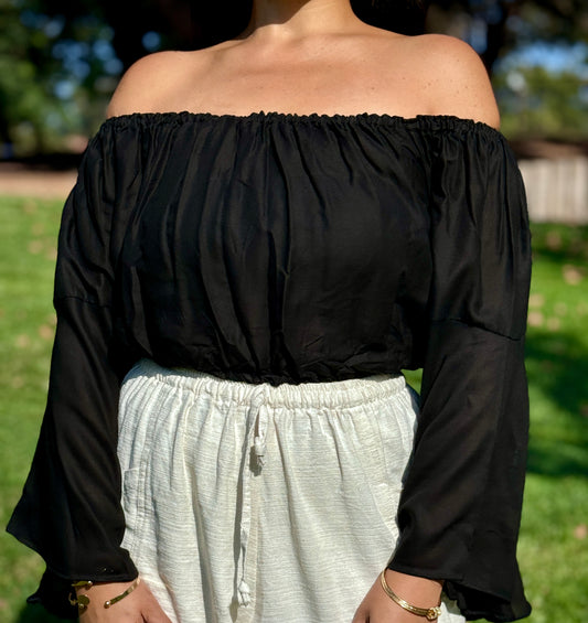 Solid Black Off Shoulder with Flowy Sleeves Crop Top